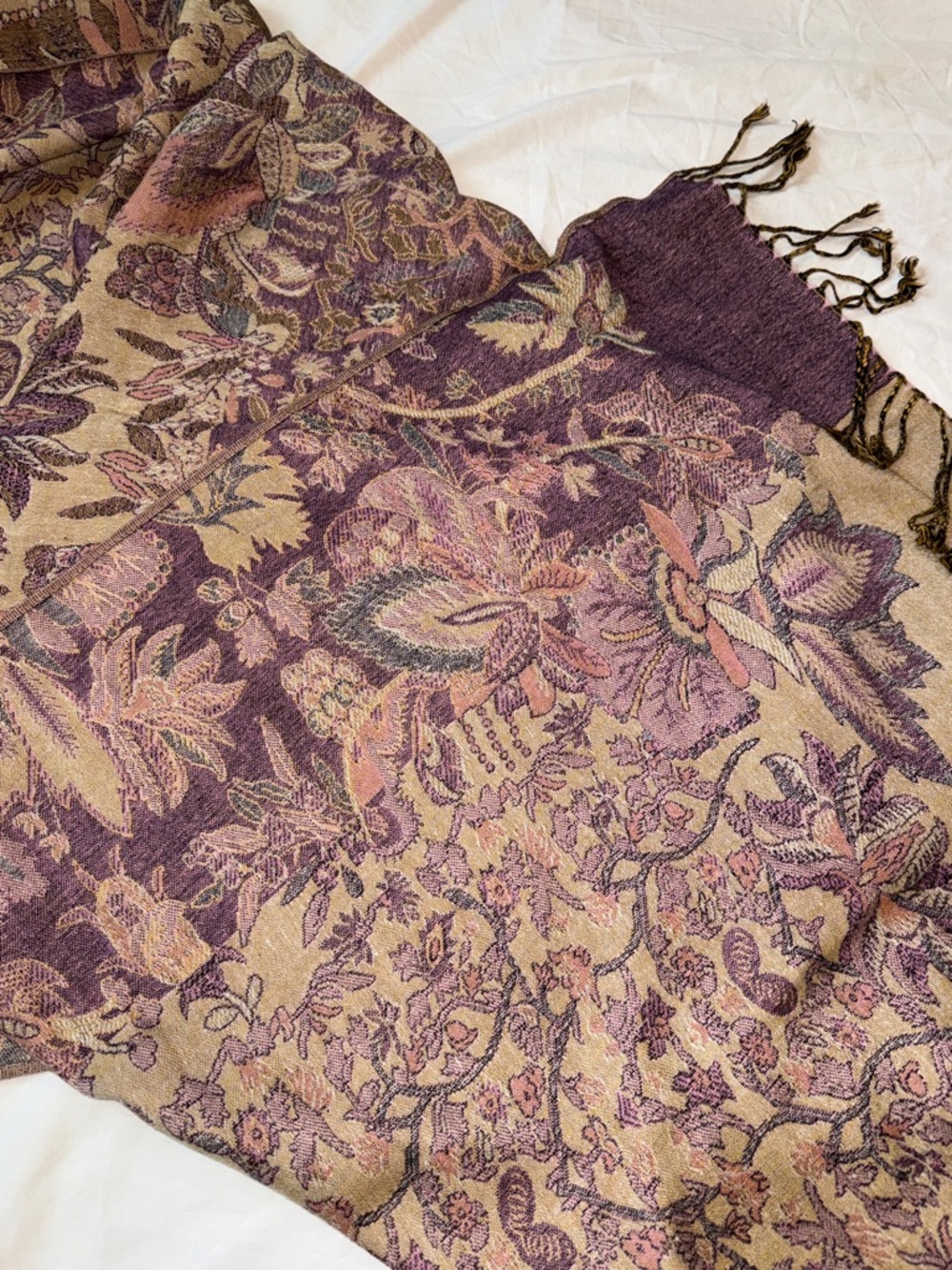 Pashmina Cashmere Silk Blend Scarf Wrap purple floral Fringe Elegant Women